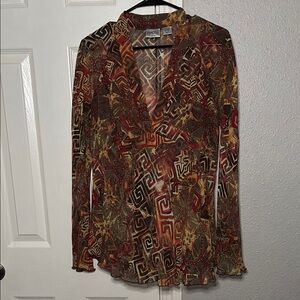 Chico’s Whimygoth 100% Silk Sheer Artsy Women Top lettuce hem Size 1